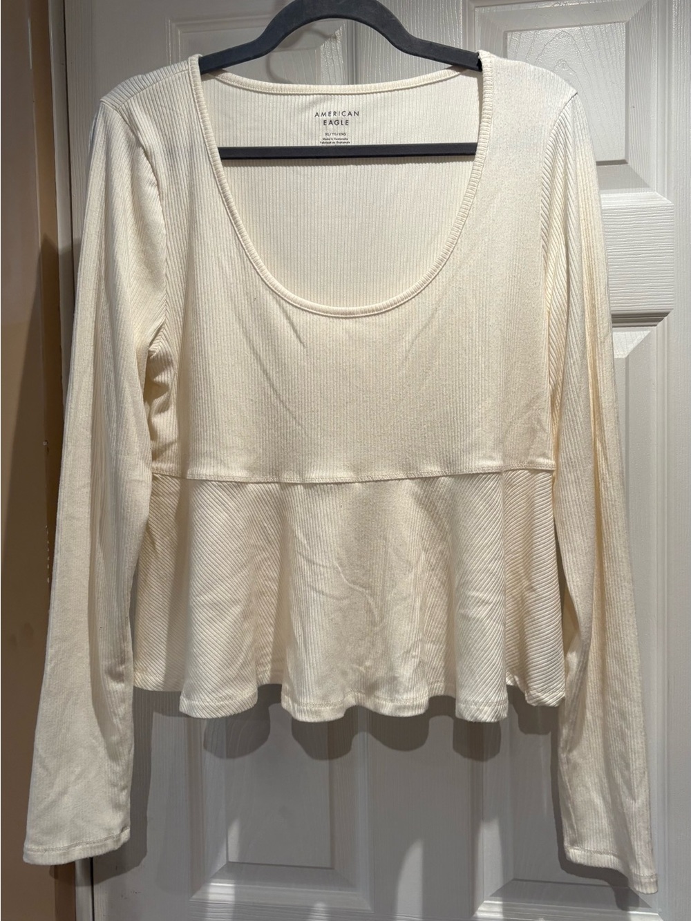 American Eagle Outfitters Cream Ribbed Long-Sleeve Peplum Top